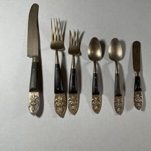 Vintage Thai Flatware Set 6pc Thepphanom‎ Deity Design, Wood Handles Brass